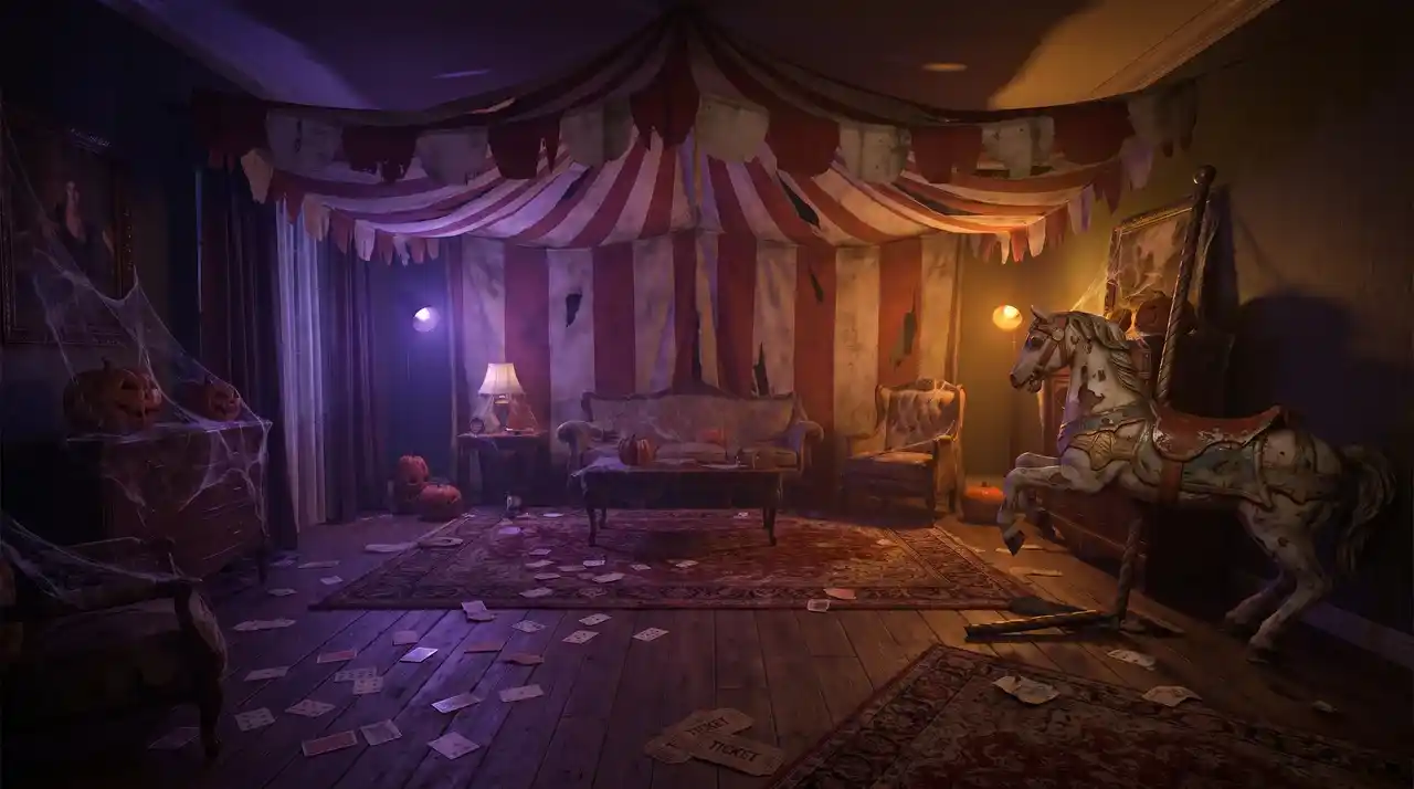 Haunted circus Halloween party with torn striped tent and broken carousel prop for a dark carnival Halloween theme.