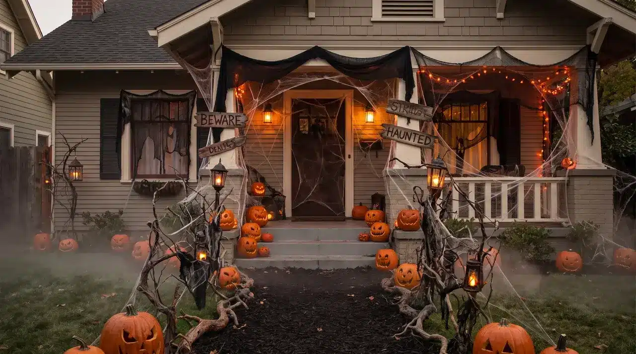 Haunted house Halloween themes with cobwebs, pumpkins, lanterns, and a spooky decorated home entrance.