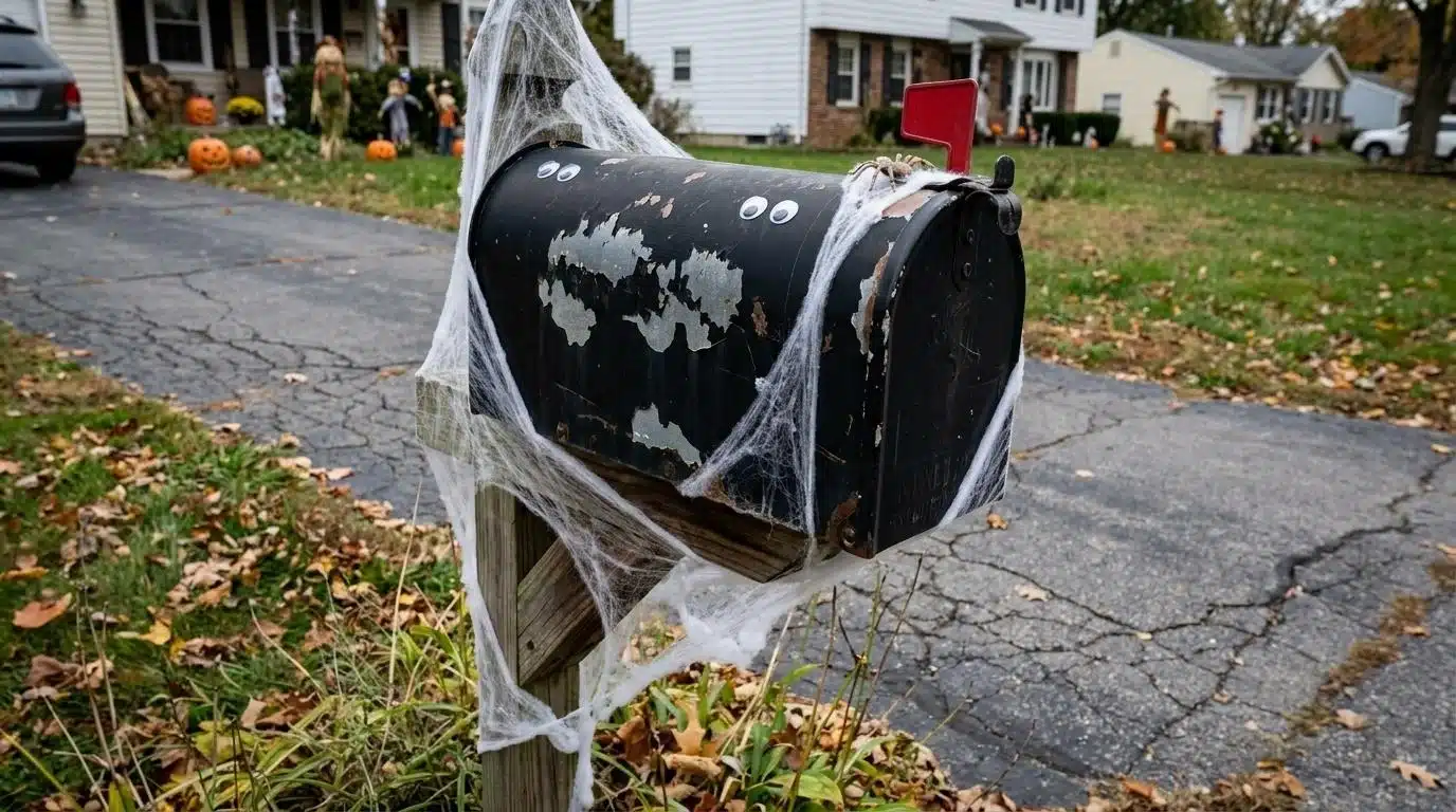 Cobweb-covered mailbox with googly eyes