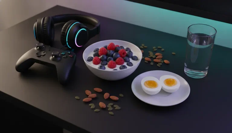 Gaming headset and controller on desk with breakfast bowl and boiled eggs