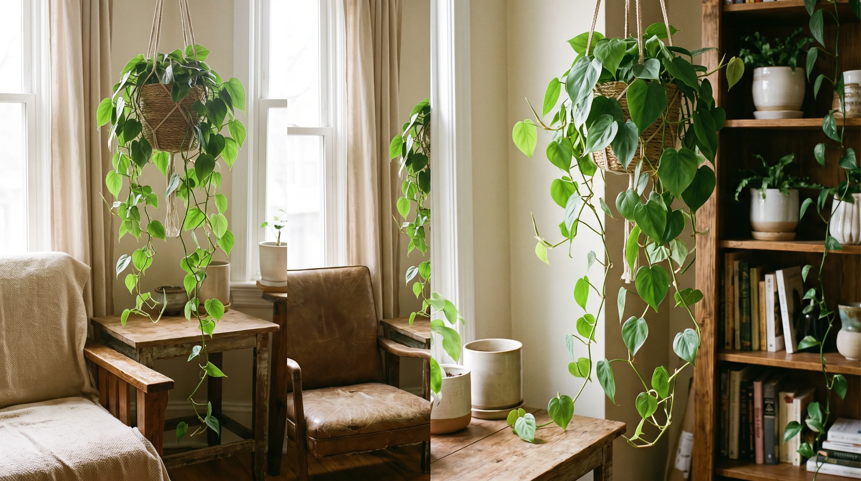 Heartleaf philodendron vines growing from a hanging planter indoors