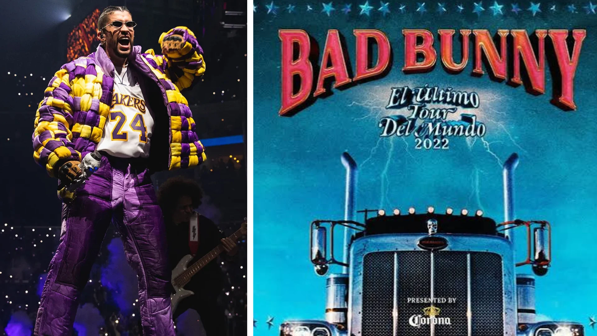 Bad Bunny performing on stage next to an El Último Tour Del Mundo poster.