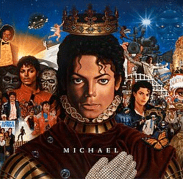 HIStory: Past, Present and Future, Book I album cover featuring illustrated artwork with a central portrait and detailed background elements.
