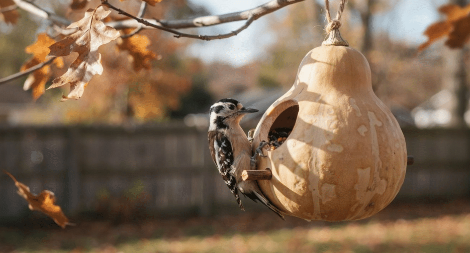 Hollowed gourd bird feeder hanging from a backyard tree branch