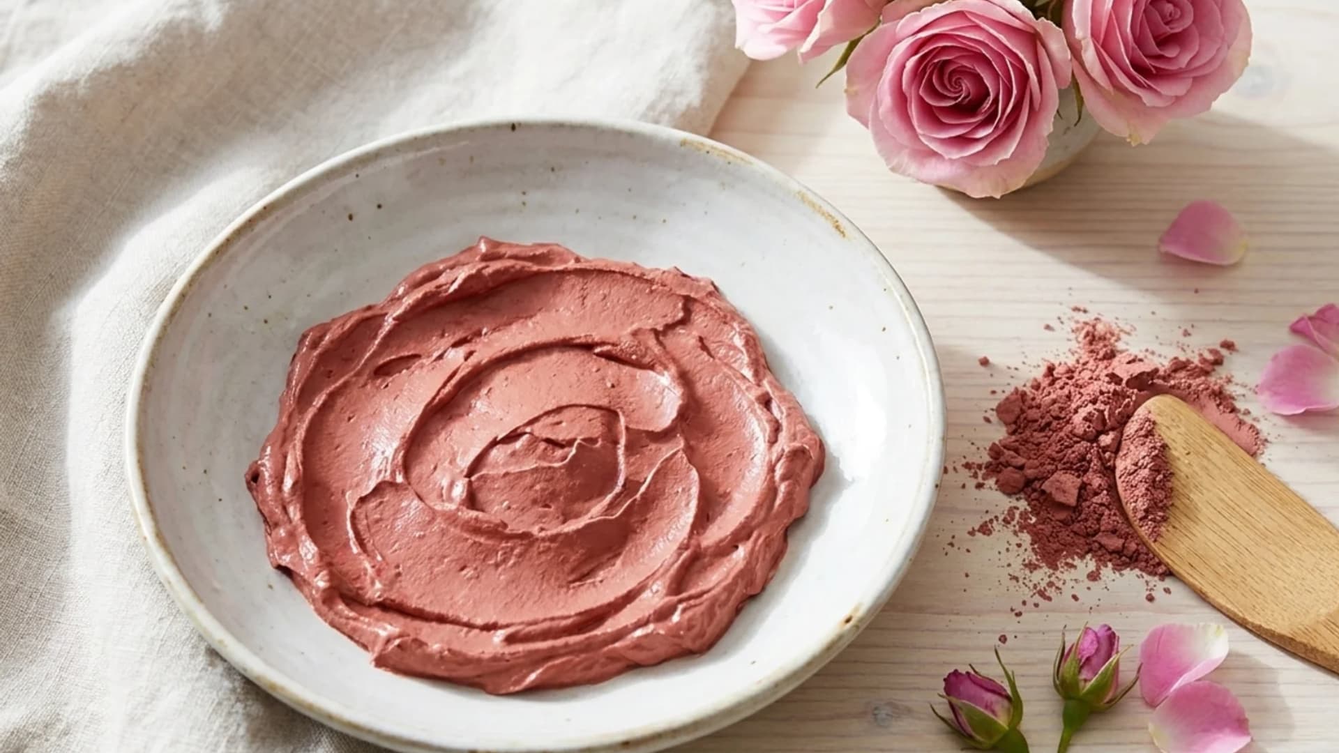 Homemade pink rose petal facial mask in a small white bowl next to dried rose powder and fresh roses.