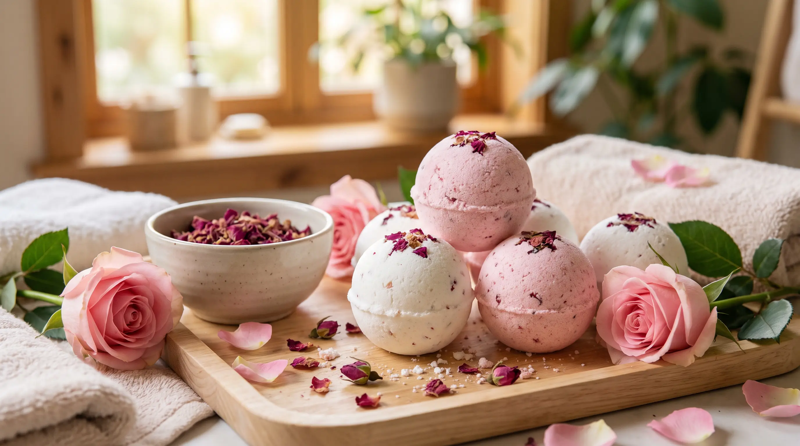 Homemade rose petal bath bombs with dried flowers and natural ingredients