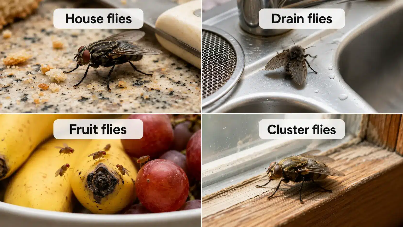 house flies, drain flies, fruit flies, and cluster flies shown in typical household areas where they commonly gather