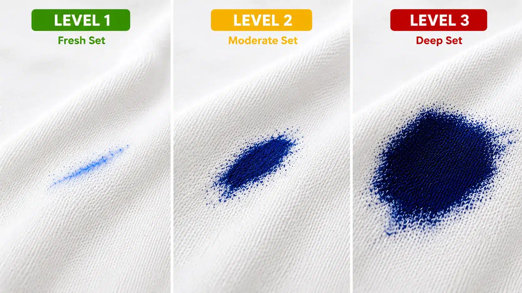 Three levels of blue ink stains on white fabric, ranging from a light fresh mark to a large deep-set stain.