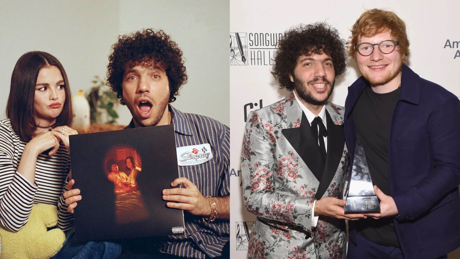 A collage of Benny Blanco releasing his music album with Selena Gomez and Holding an Award with Ed Sheeran