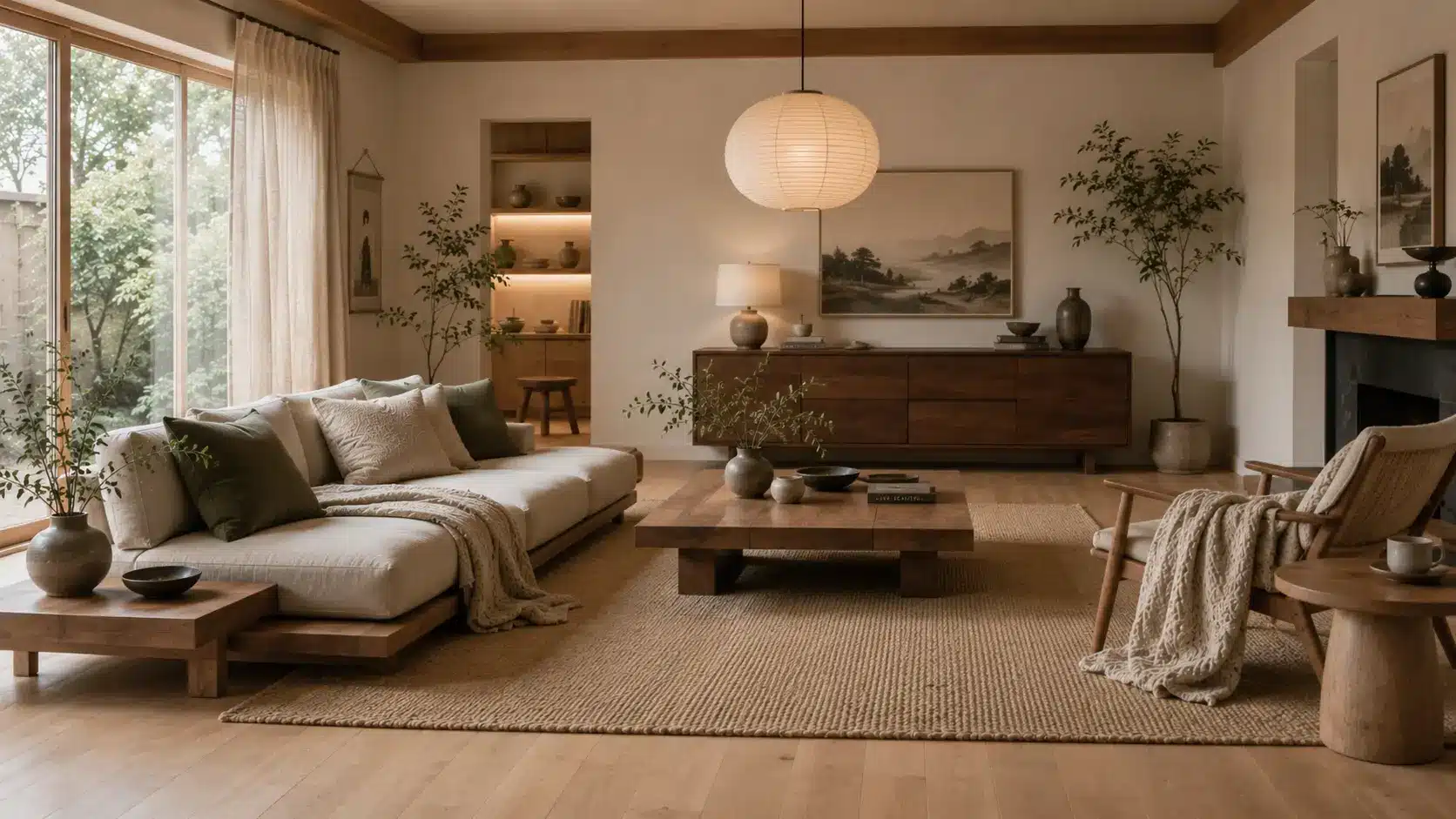 Japandi living room blending Japanese and Scandinavian design with wood furniture, neutral tones, paper lantern, and indoor plants.