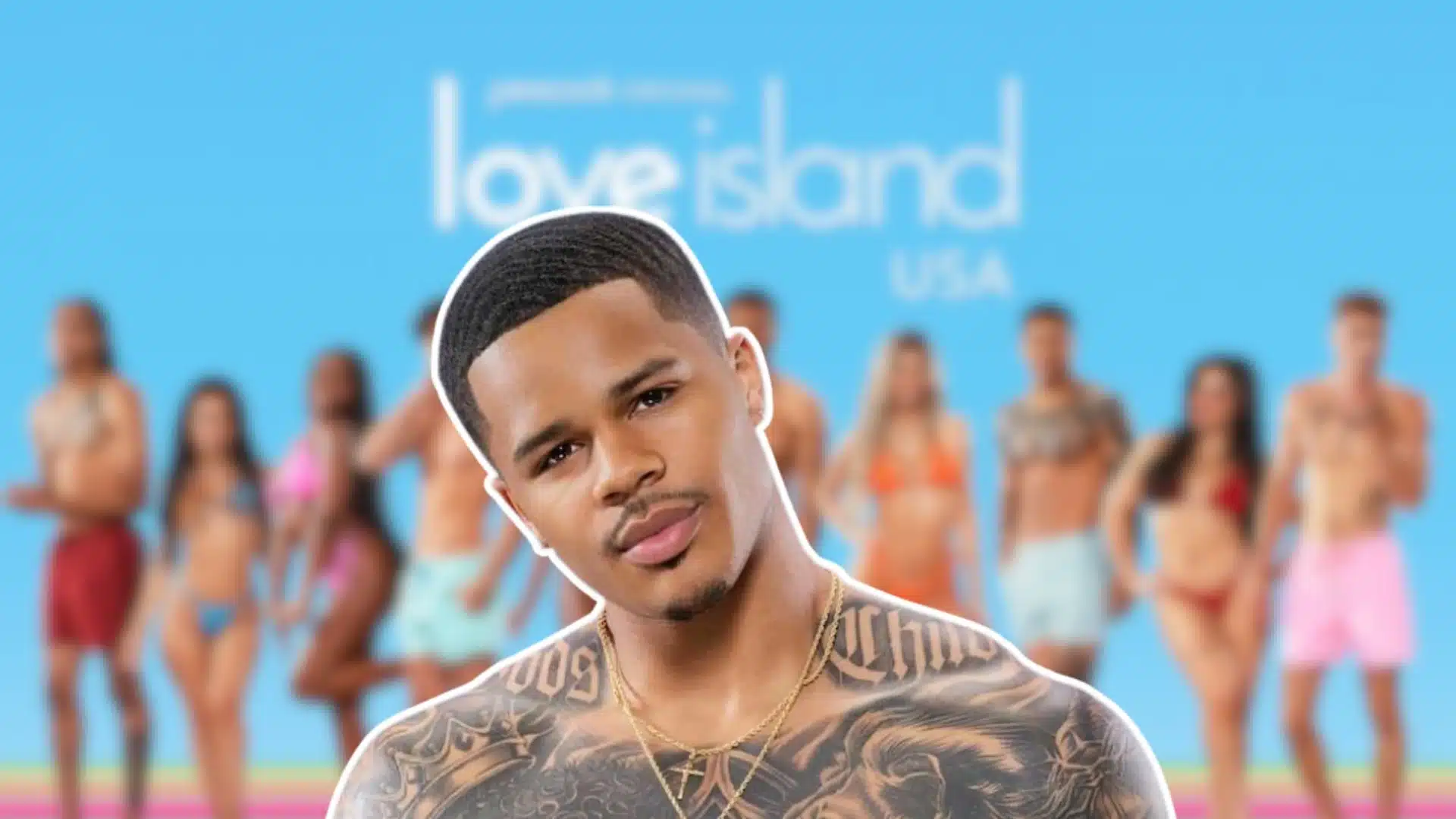Ace Greene in front of a blurred Love Island USA Season 7 cast background.