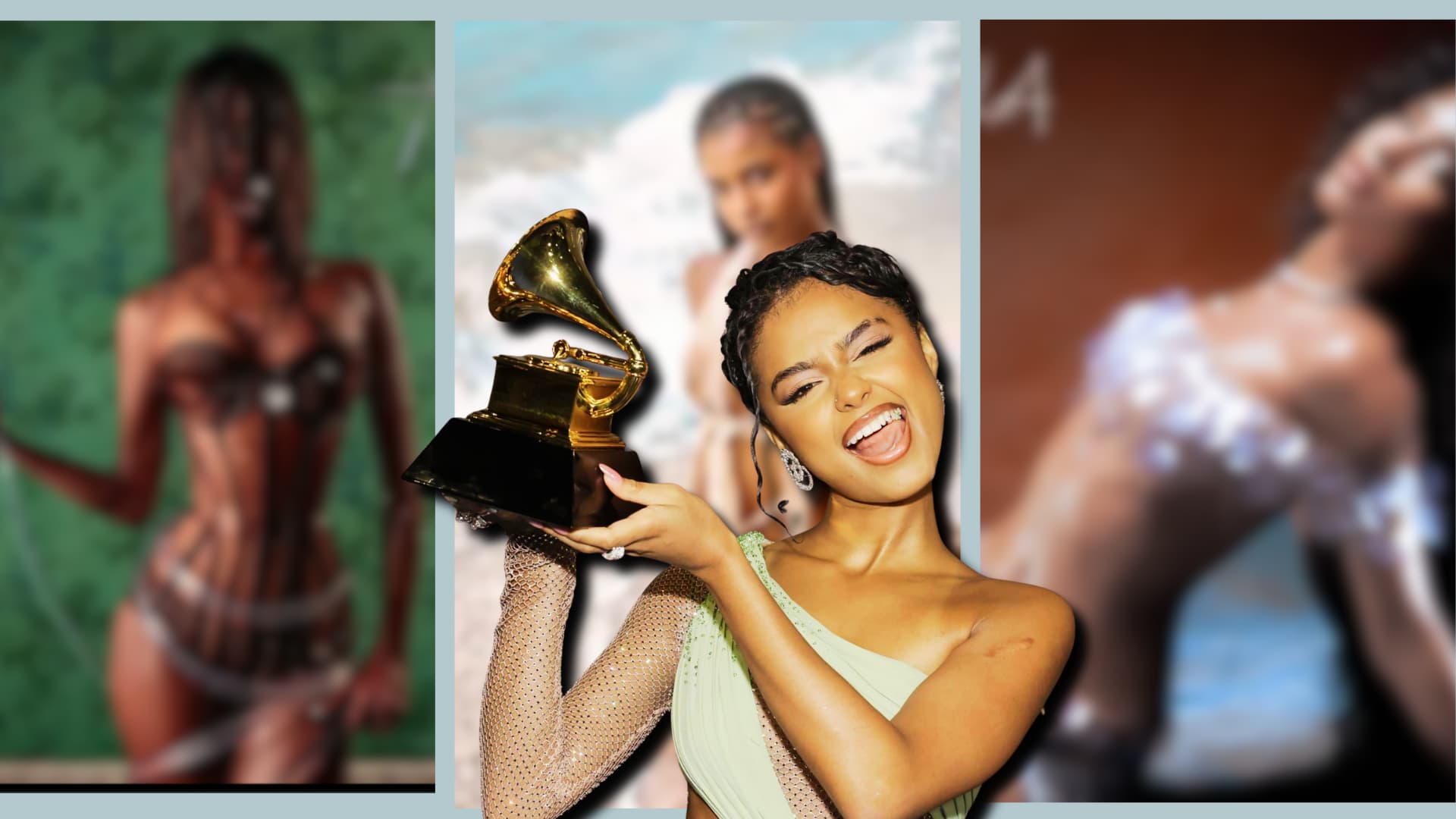 Tyla holding her Grammy Award, smiling, wearing a green embellished outfit, with her solos blurred in the background.