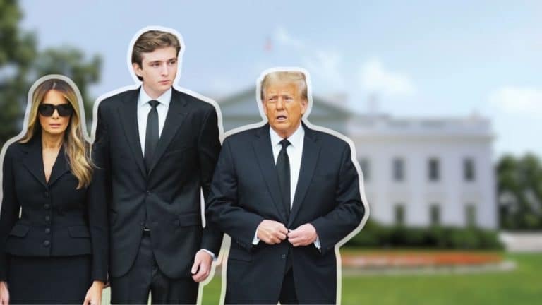Melania, Barron, and Donald Trump standing in front of the White House