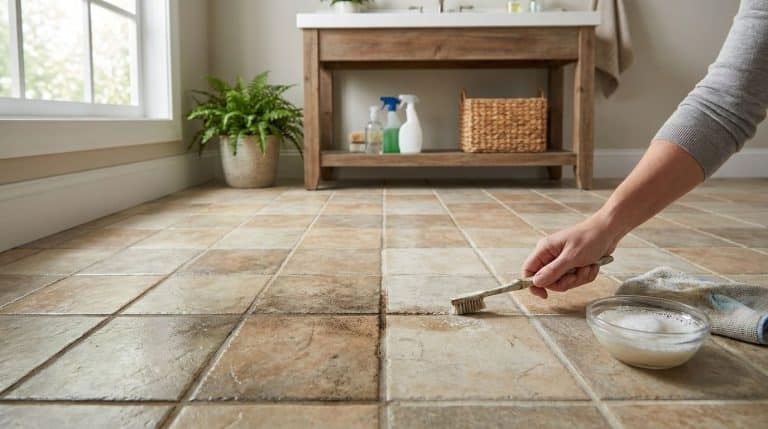 Person scrubbing tile grout lines on a floor with a small brush and a bowl of cleaning solution.