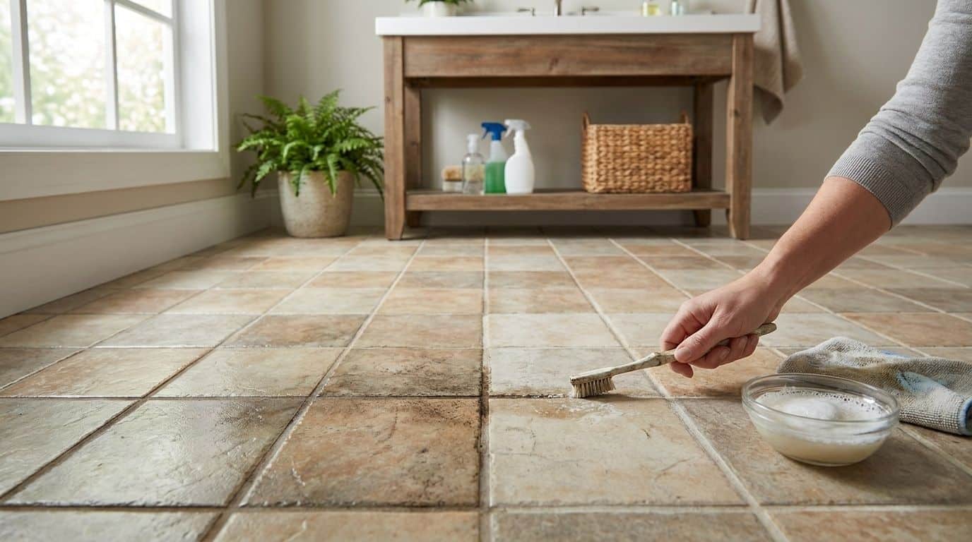 Person scrubbing tile grout lines on a floor with a small brush and a bowl of cleaning solution.