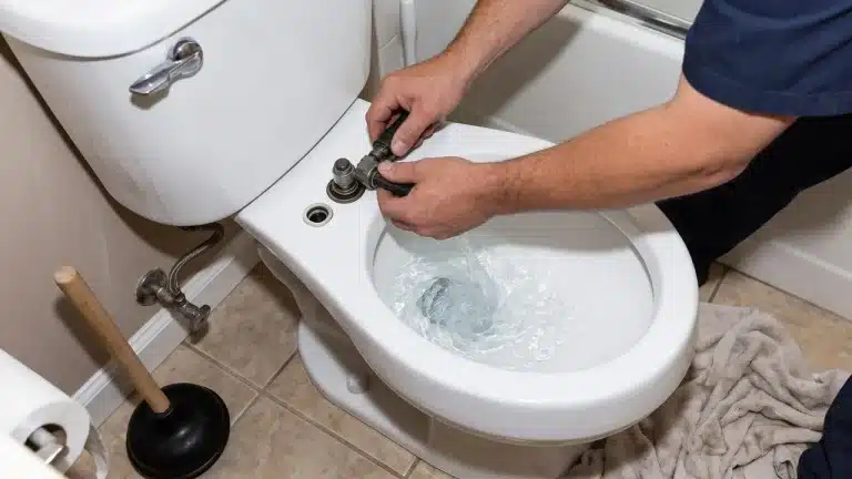 Repairing a running toilet by inspecting the flush valve while water continues flowing into the bowl.