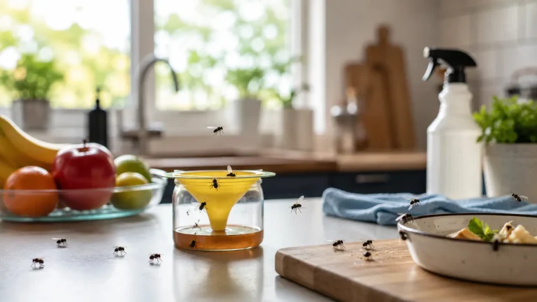 Fruit fly trap on a kitchen counter surrounded by flies, fresh fruit, food scraps, and cleaning supplies in a bright home kitchen.