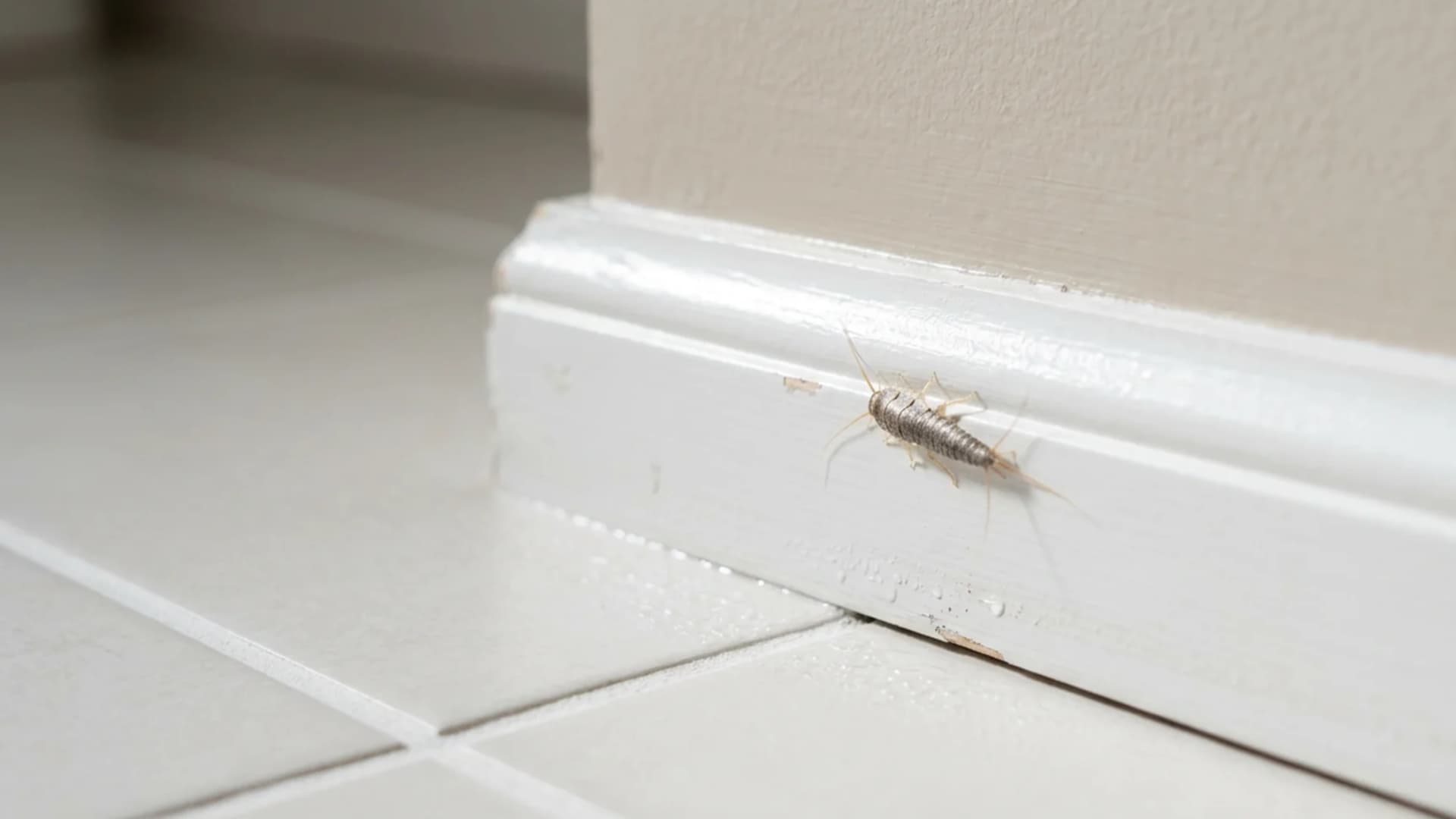 A small, silvery pest insect, silverfish, crawling along the edge of a white wall baseboard and light tile flooring.