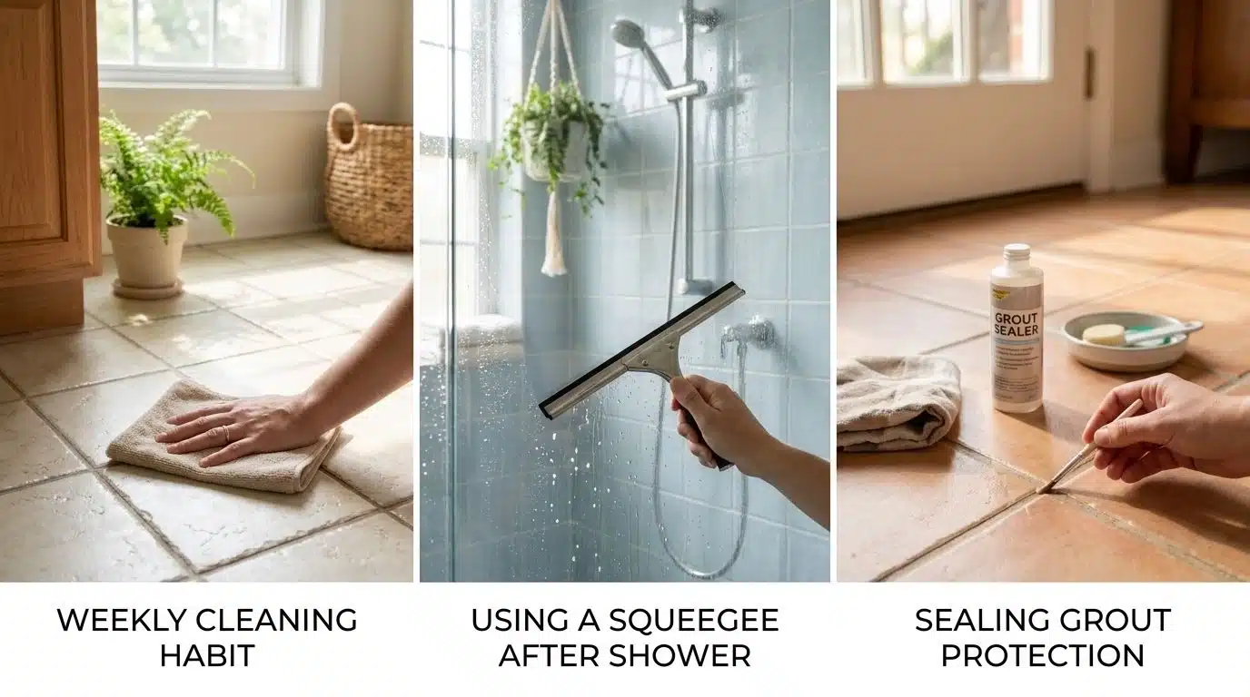 Three grout care tips: wiping tiles, using a shower squeegee, and sealing grout