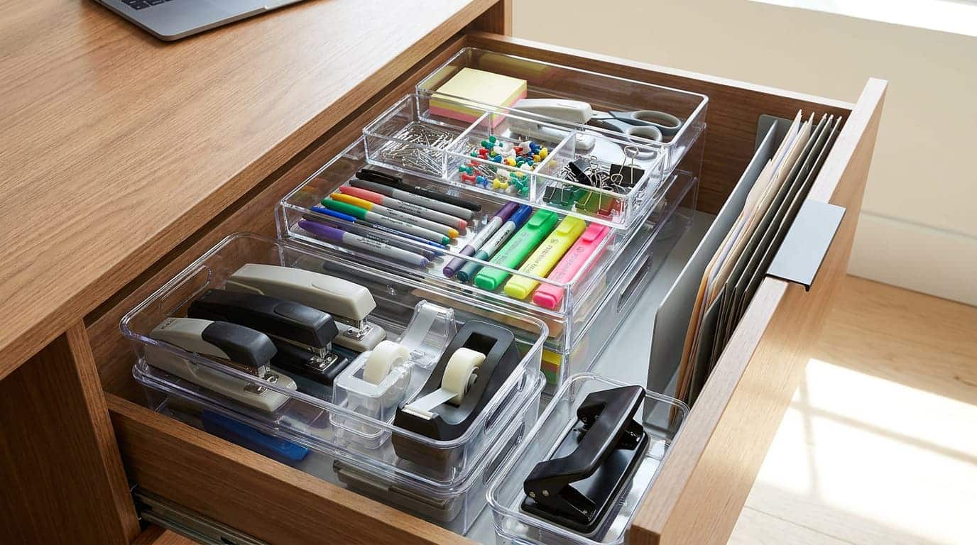 Deep desk drawer organized with stacked bins and layered storage solutions