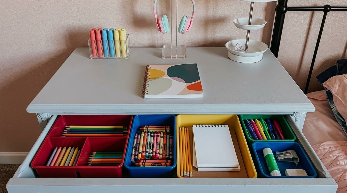 Kids desk drawer organized with simple bins for school supplies