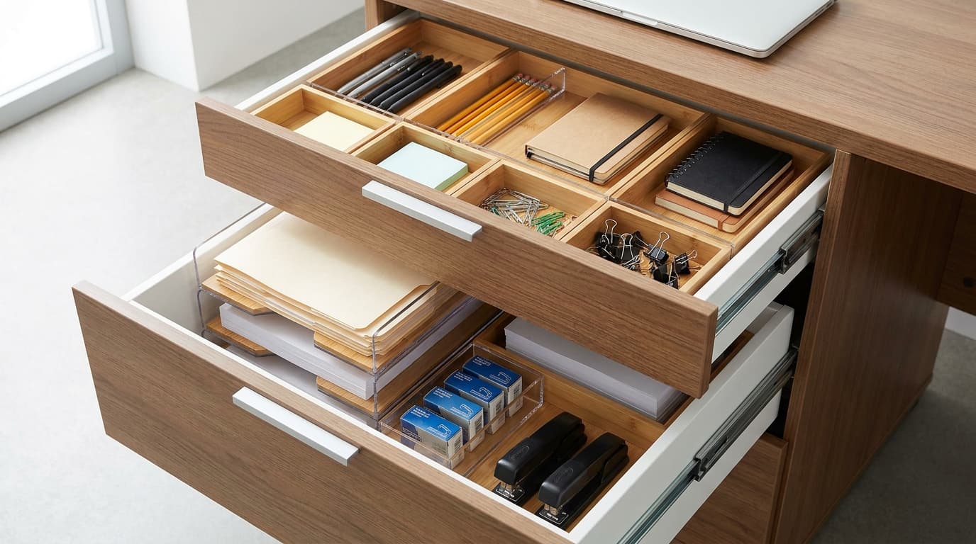 Organized office desk drawers with separated work supplies and storage trays