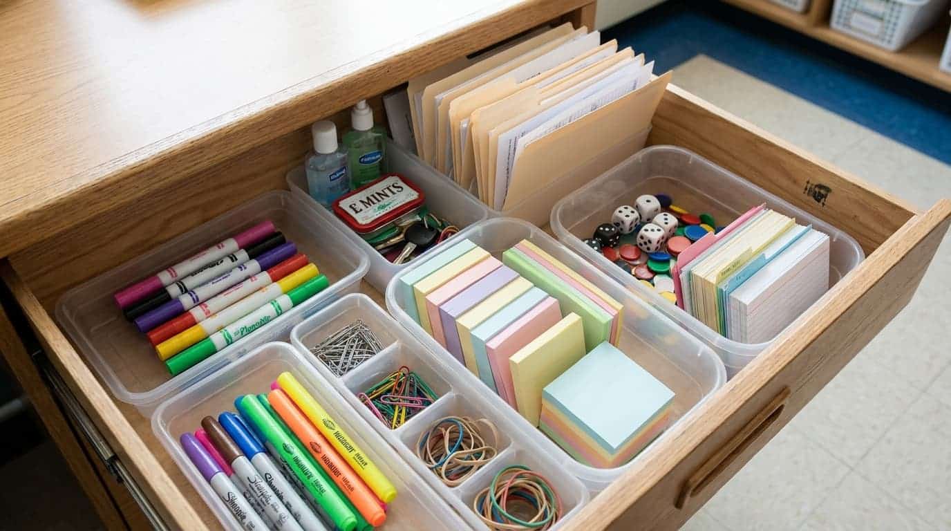 Teacher desk drawer organized with classroom supplies and labeled storage sections