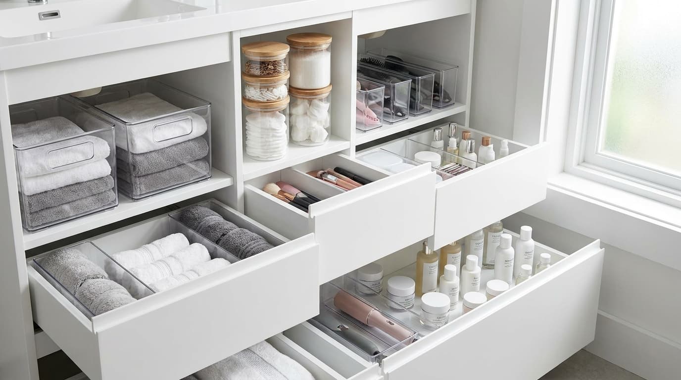 Organized bathroom cabinets with storage bins, dividers, and neatly arranged toiletries in a modern vanity setup.