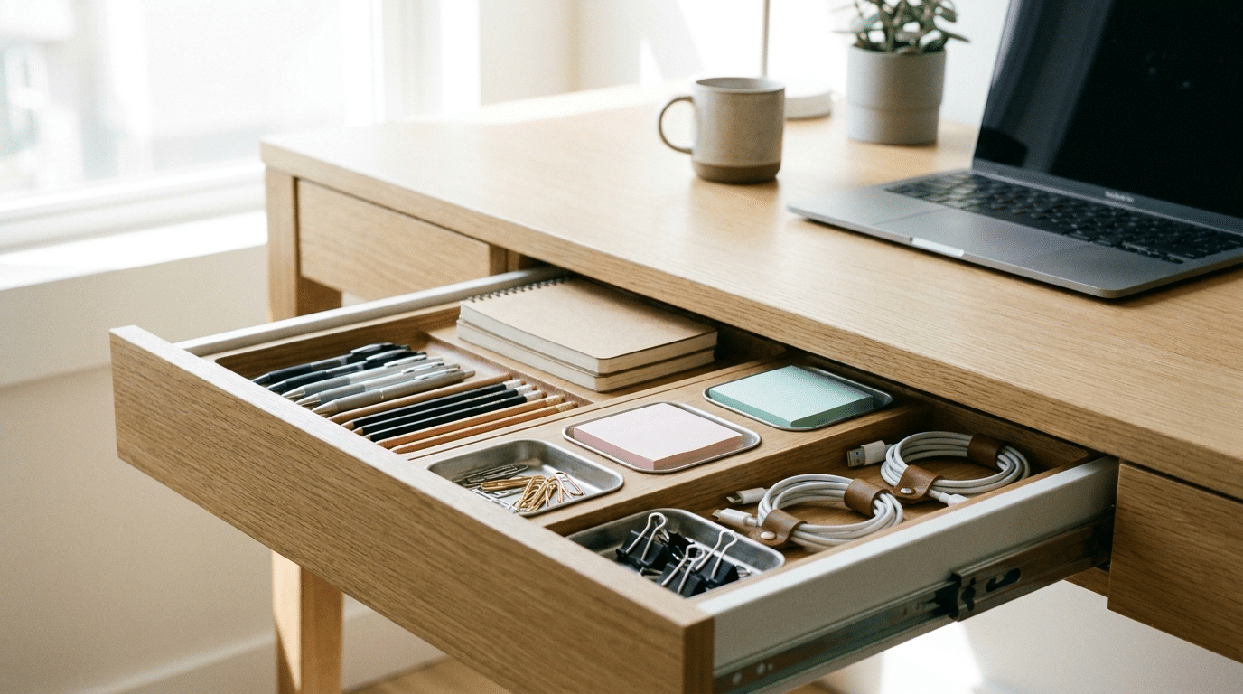 Organized desk drawer with neatly arranged office supplies, trays, cables, and workspace essentials.