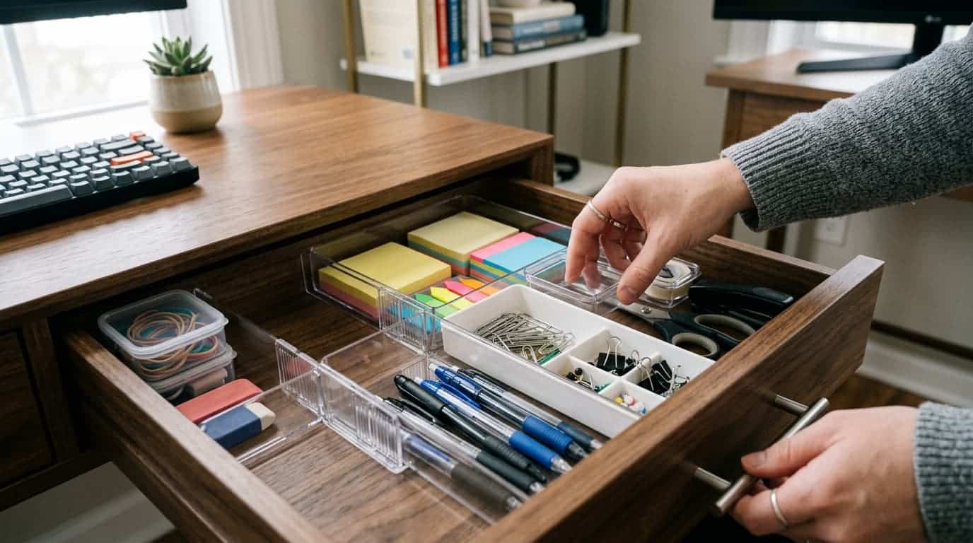 Hands organizing office supplies into clear divider trays inside a wooden desk drawer.