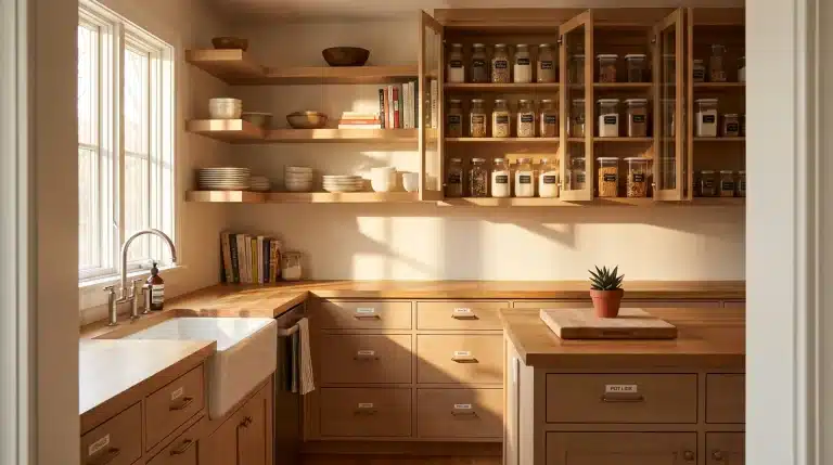 Fully organized kitchen interior with labeled drawers adjusted shelves and clear containers in afternoon light.