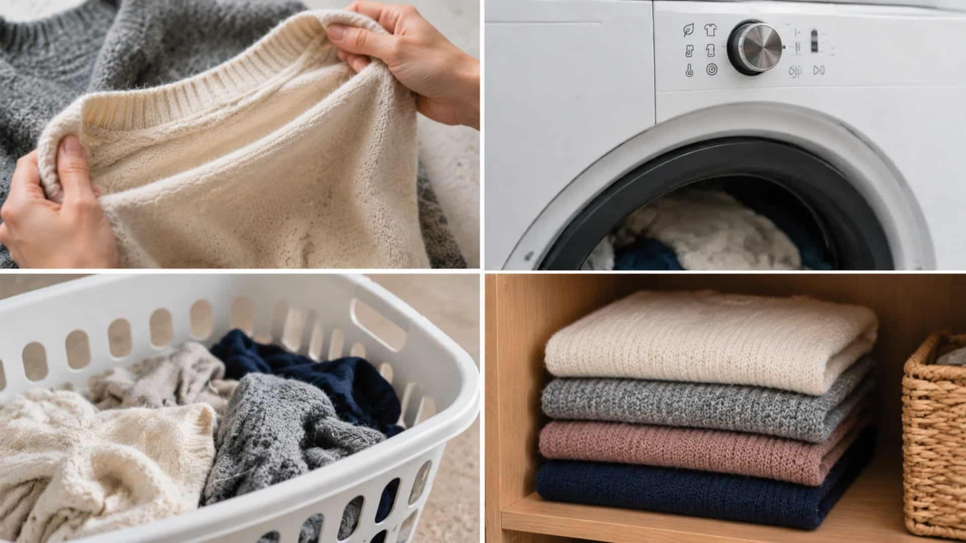 Four-panel image showing garment care steps like washing, folding, and storing clothes to prevent pillingFour-panel image showing garment care steps like washing, folding, and storing clothes to prevent pilling