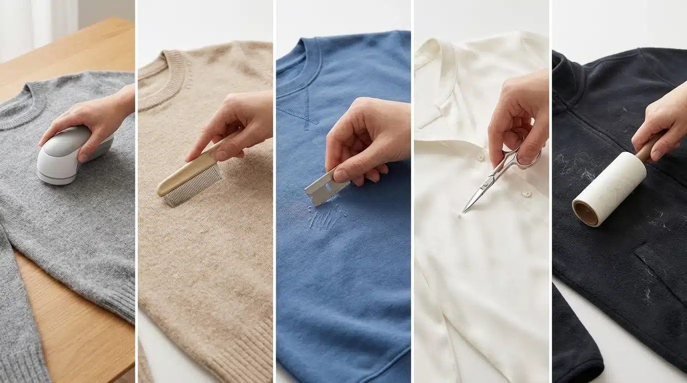 Five methods showing how to remove pilling from clothes using a fabric shaver, comb, razor, scissors, and lint roller