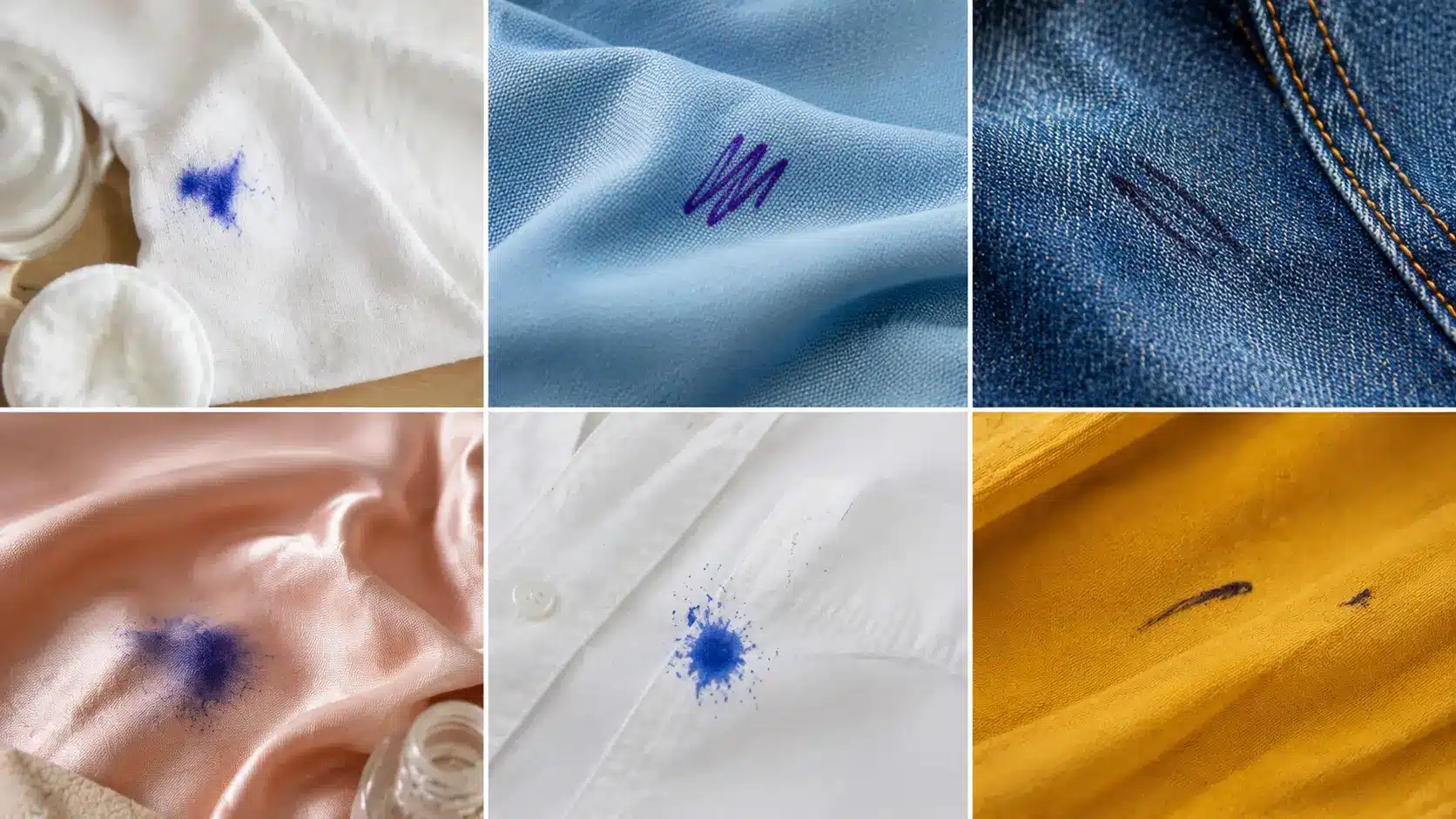 Six-panel collage showing blue and black ink stains on cotton, polyester, denim, silk, white, and colored fabrics.