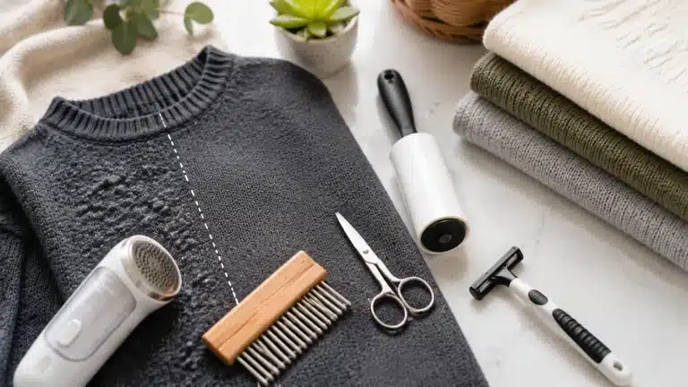 Flat lay of pilling removal tools including a fabric shaver, sweater comb, razor, and scissors next to a gray knit sweater.