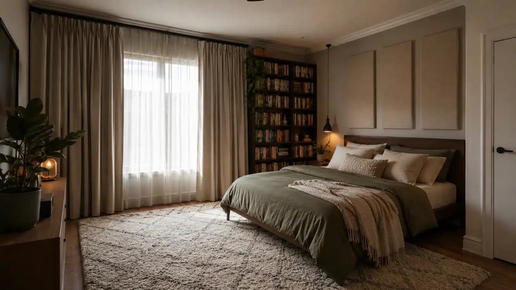 Modern bedroom with thick floor-to-ceiling curtains, acoustic wall panels above the bed, a large area rug, and a full bookshelf, showing practical ways to help soundproof a room.