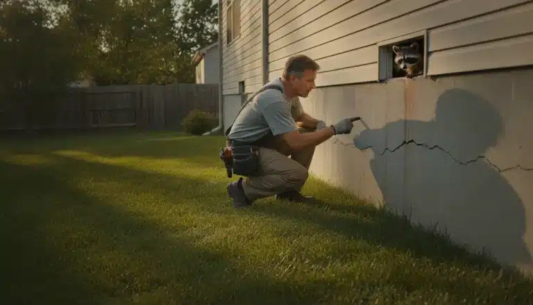 Man inspecting house foundation crack outdoors with raccoon peeking from vent