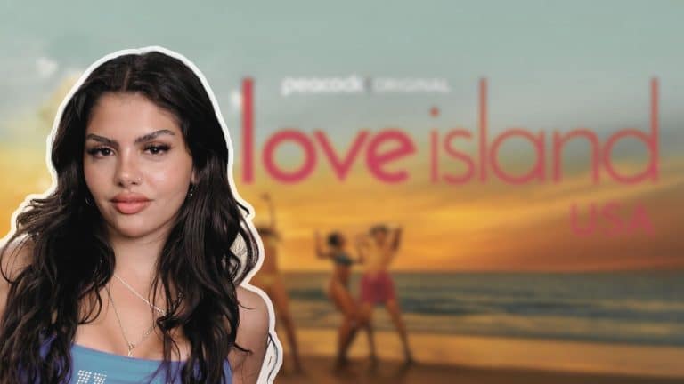 Huda Mustafa with the Love Island USA logo and a beach scene in the background.