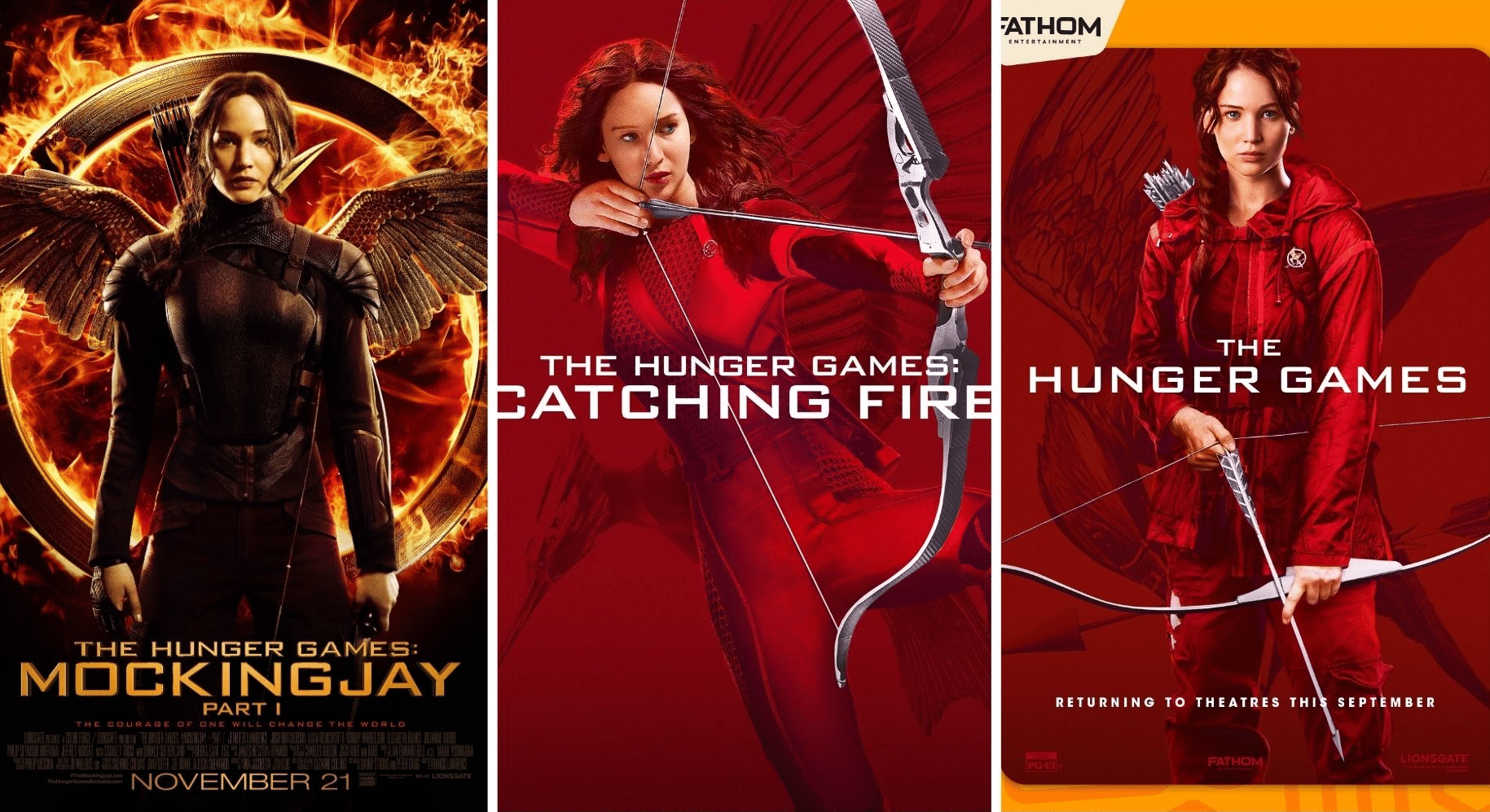 Hunger Games movie poster collage featuring jennifer lawrence with a bow