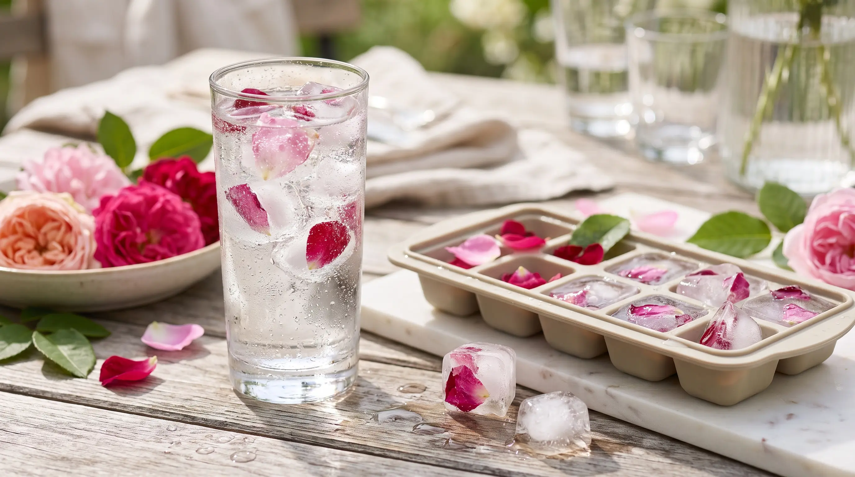 Ice cubes with frozen rose petals floating in a clear drink