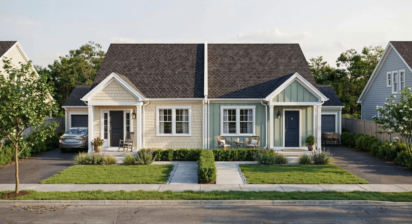 Condo-style duplex with two individually owned units sharing common areas.