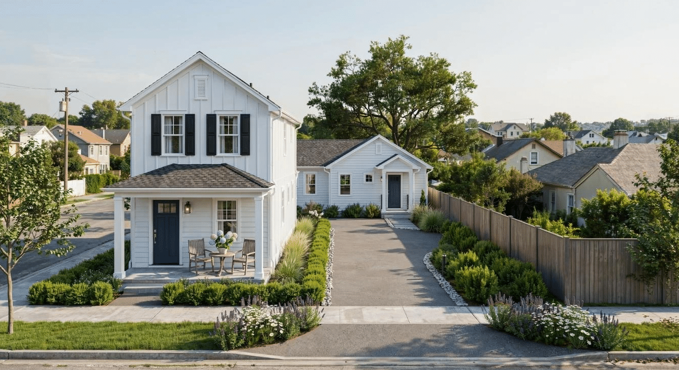 Front-to-back duplex with two separate homes arranged on one narrow lot.