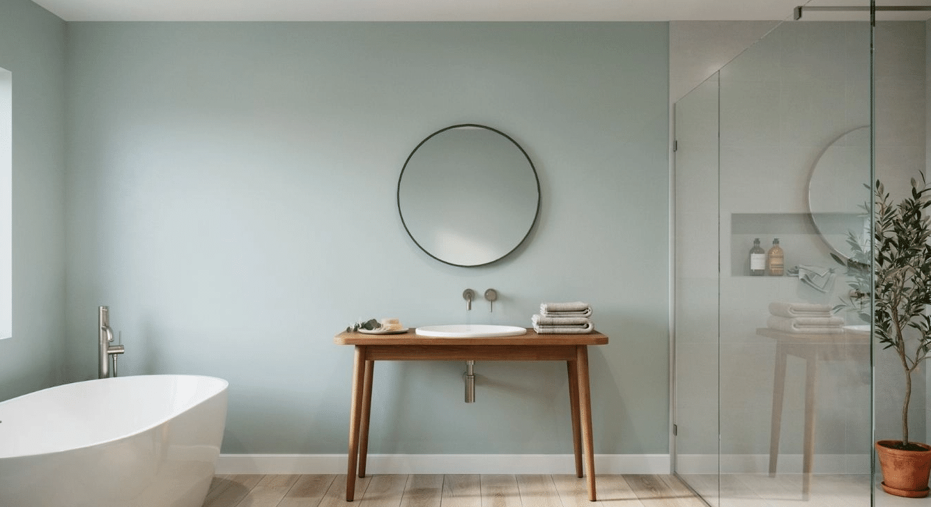 Full view of a bathroom with a furniture-style console vanity on open wood legs