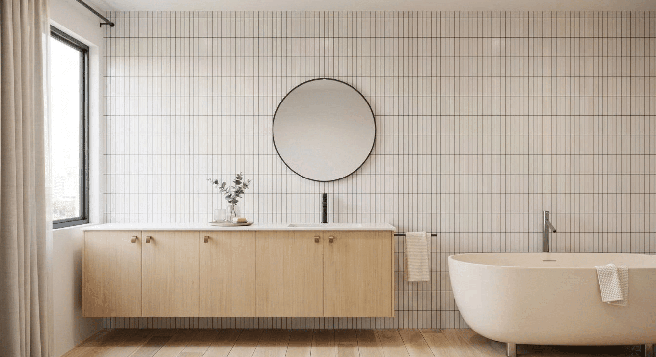 Full view of a bathroom with a single curved mirror above the vanity
