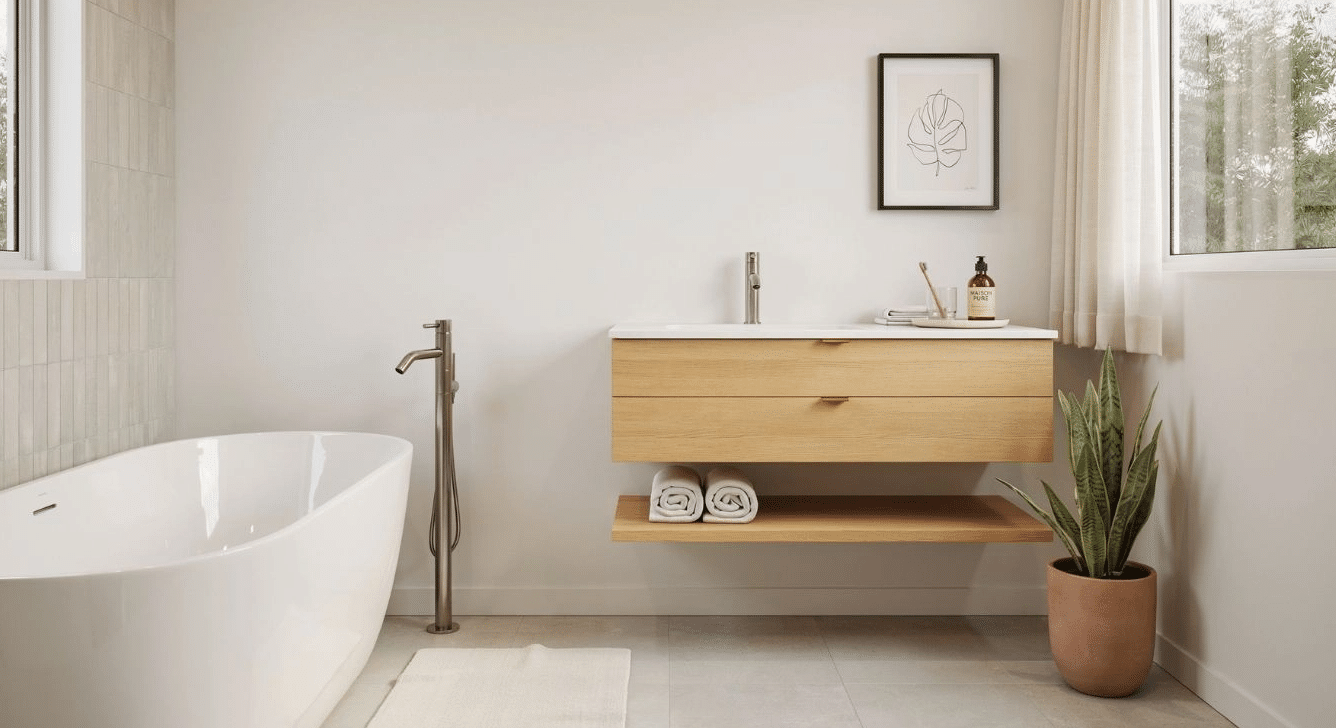 Full view of a bathroom vanity with a wall-mounted faucet and clear countertop