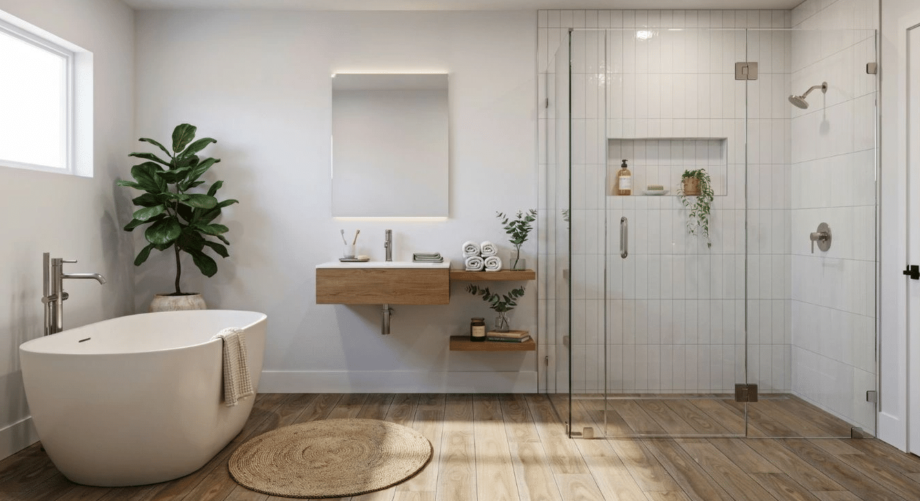 Full view of a shower with a recessed tile niche for storage