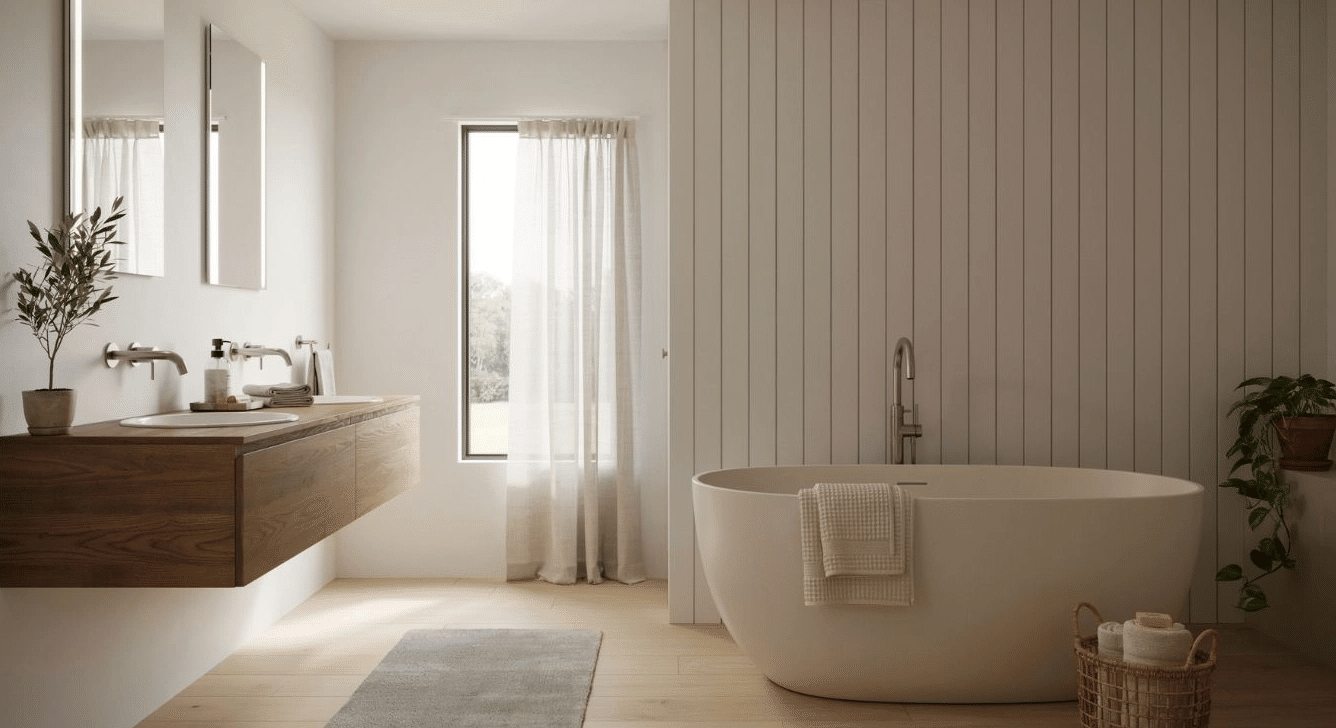 Full view of a bathroom wall with vertical wood paneling painted to match