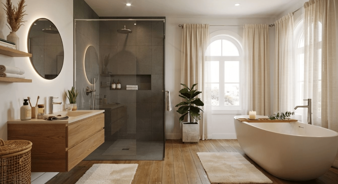 Full view of a bathroom with a partial glass shower divider