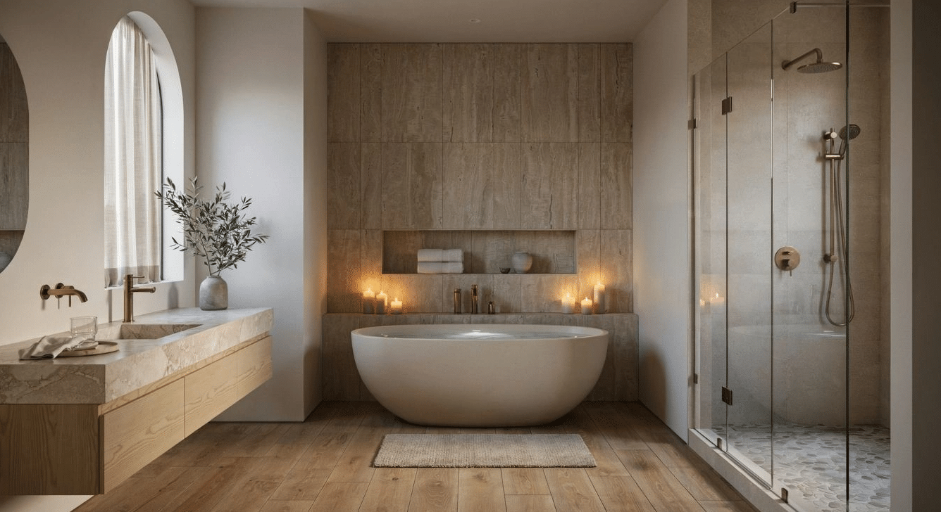 Full view of a bathroom with a deep soaking tub built into a tiled alcove