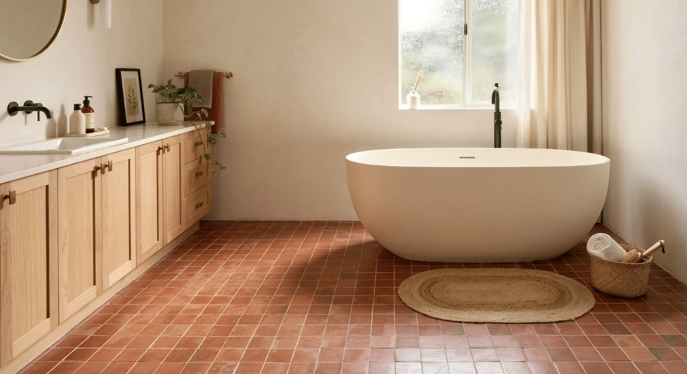 Full view of a bathroom floor in warm terracotta tile